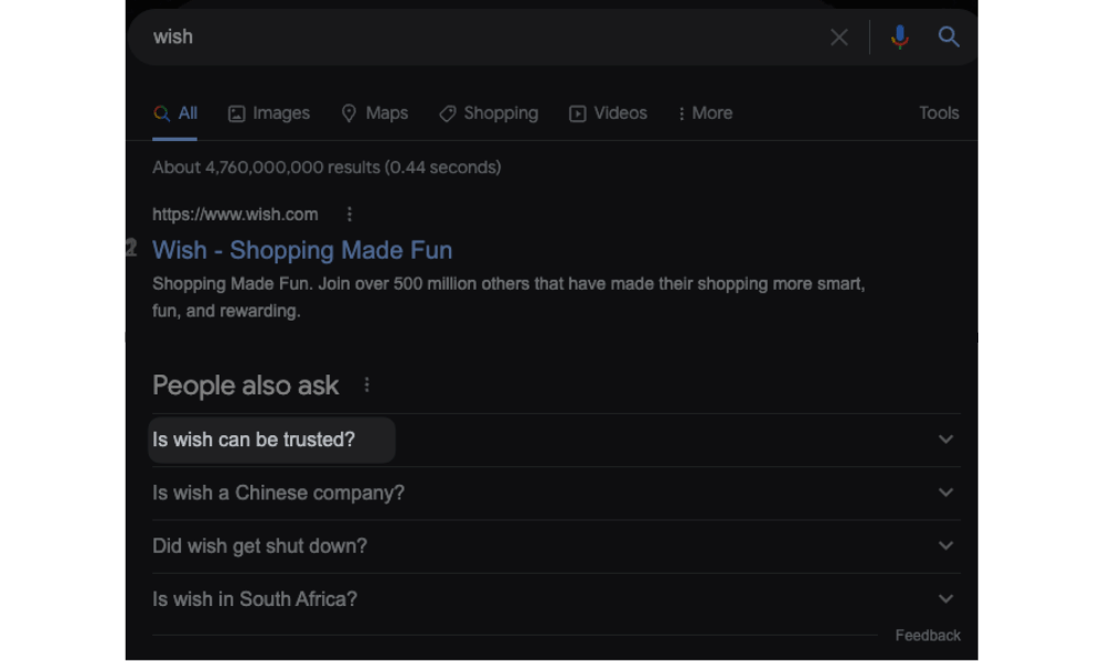 Screenshot Showing a Wish brand trust failure